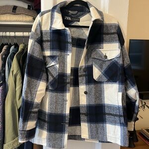 Zara Navy and White Plaid Shirt Jacket